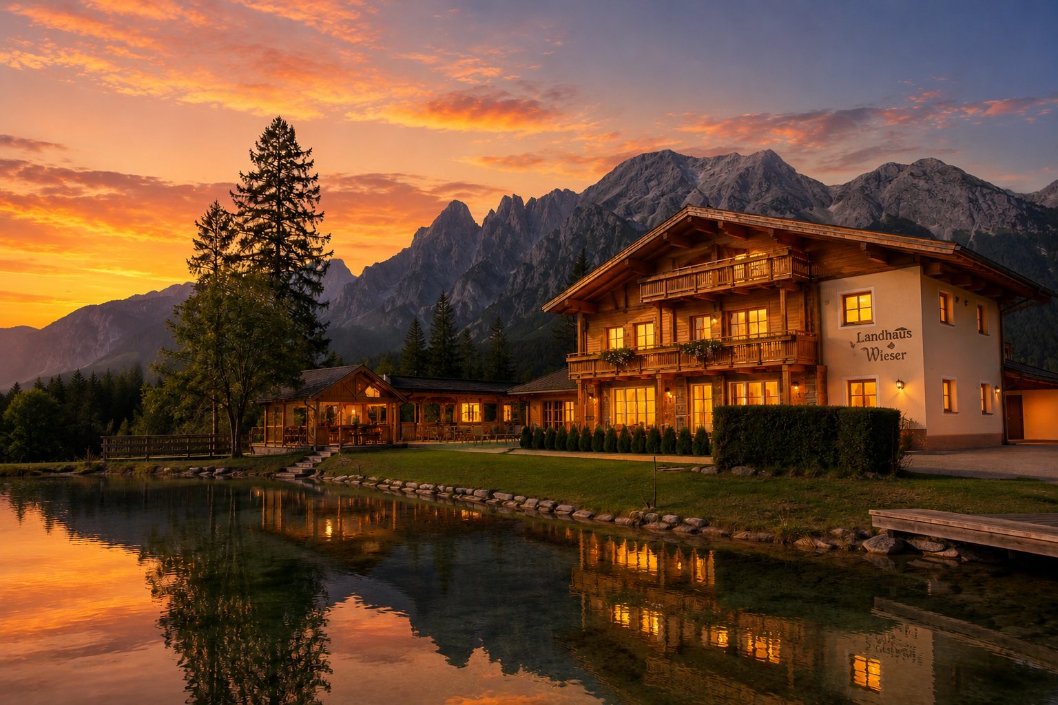 Landhaus Wieser am See in der Abenddämmerung, erleuchtete Fenster