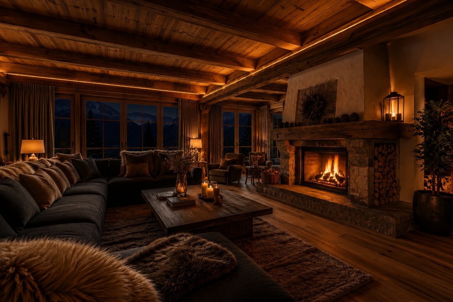 Gemütlicher Wohnraum mit Kamin im Landhaus Wieser